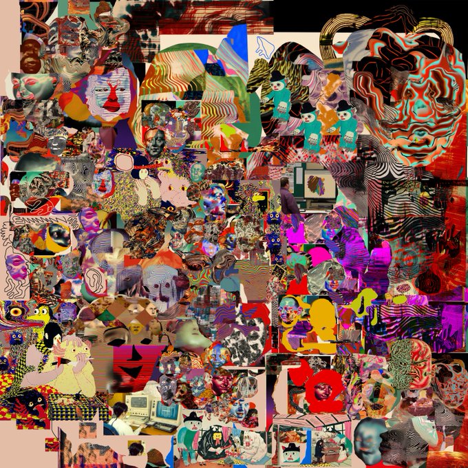 A chaotic, colorful collage of many overlapping images, faces, and abstract digital art pieces in vibrant pinks, oranges, and purples.