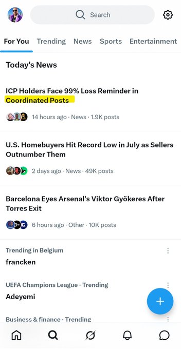 A mobile app news feed showing 'Today's News' with the headline 'ICP Holders Face 99% Loss Reminder in Coordinated Posts' highlighted in yellow.