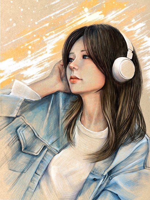 A colored pencil-style illustration of a woman with long brown hair wearing white over-ear headphones and a light blue jacket.