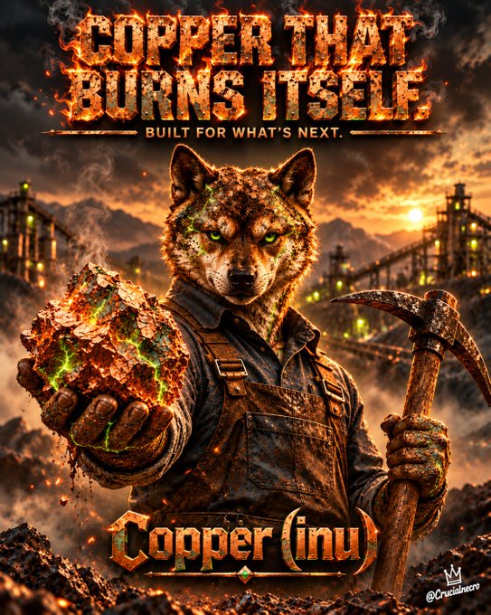A dramatic poster titled 'COPPER THAT BURNS ITSELF - BUILT FOR WHAT'S NEXT' featuring an anthropomorphic wolf miner holding glowing ore and a pickaxe, with 'Copper (inu)' text and '@Crucialrecord' credit.