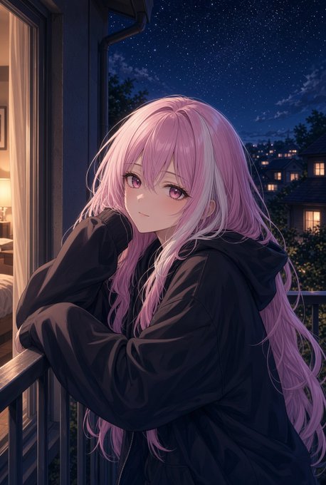 An anime-style illustration of a girl with long pink hair wearing a black hoodie, leaning on a balcony railing at night with a starry sky and distant lit buildings in the background.