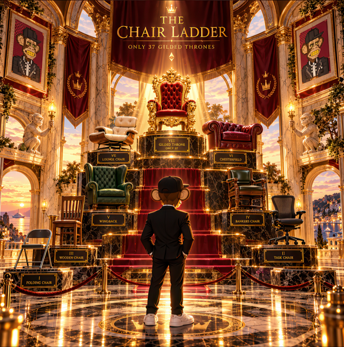 An AI-generated illustration titled 'THE CHAIR LADDER' showing a person viewing 37 gilded thrones of various styles, including the central 'VIII GILDED THRONE'.