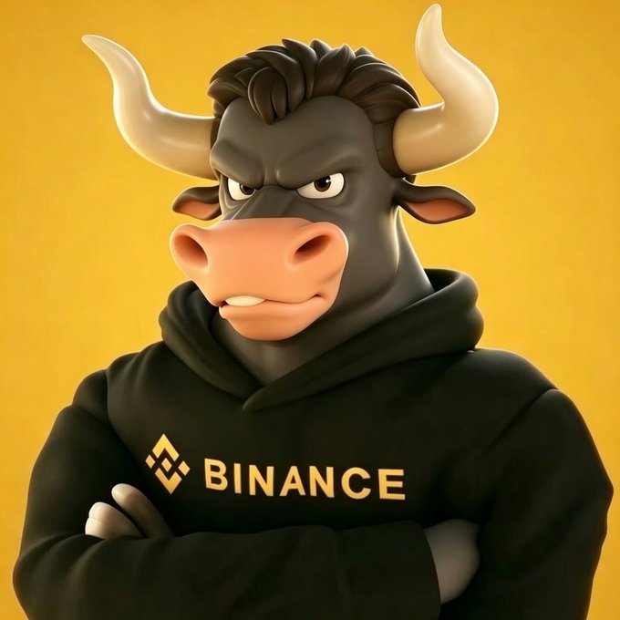 A cartoon bull wearing a black "BINANCE" hoodie stands with arms crossed against a yellow background. The image serves as a visual jab at Binance, paired with the caption's claim that CZ will soon surpass Binance itself.