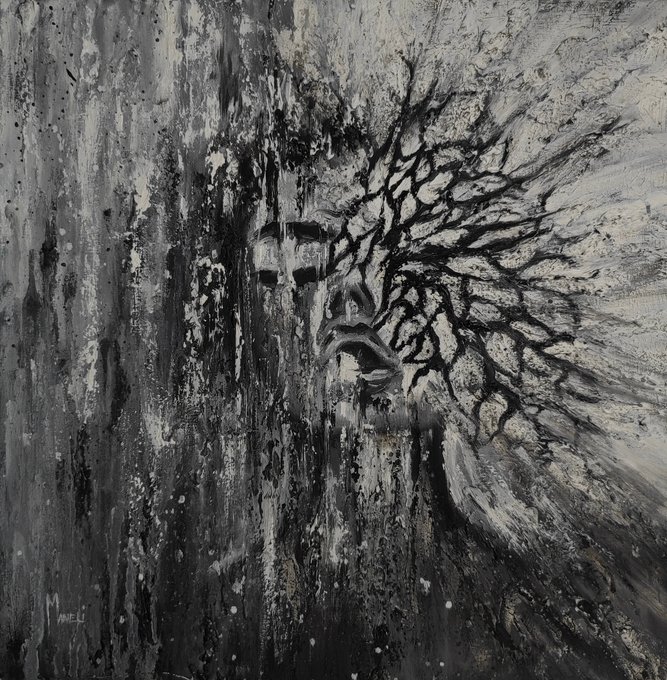 Monochromatic painting of a face partially obscured by textured vertical streaks, with bare tree branches spreading across the right side.