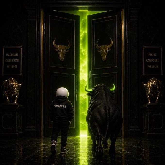 An artistic image of a person wearing a hoodie labeled '$MANLET' walking with a black bull through ornate doors with glowing green light, flanked by bull statues and inscriptions 'Discipline, Conviction, Patience' and 'Focus, Compound, Freedom'.