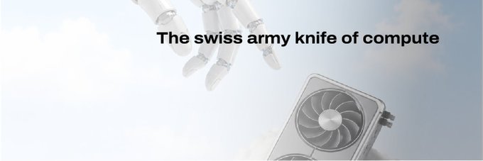 The image shows a robotic hand reaching toward a GPU/graphics card with the tagline "The swiss army knife of compute," visually emphasizing ICPX's expanded offerings of versatile, accessible GPU compute and AI infrastructure capabilities highlighted in the roadmap.