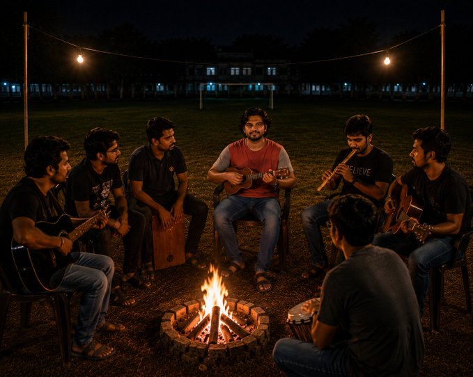 A group of men sit in a circle around a campfire at night, playing various musical instruments including guitars and a flute, with string lights hanging overhead.