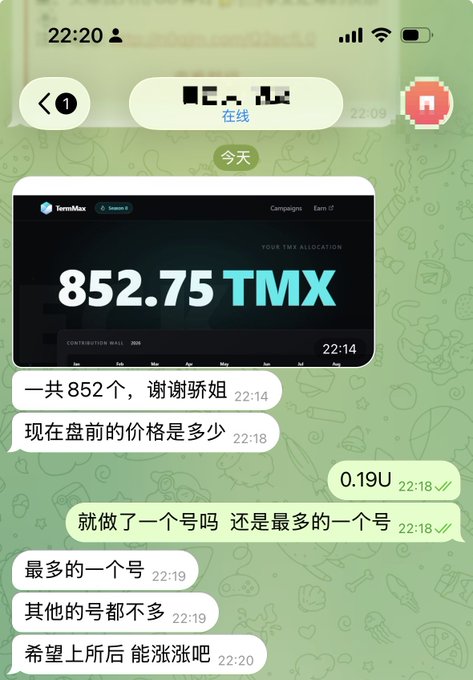 A Chinese messaging app screenshot shows a conversation where someone shares their TermMax airdrop of "852.75 TMX" tokens, followed by a discussion about the current pre-market price (0.19U) and hope for price increase after listing. The image illustrates the community member receiving a TMX token allocation, aligning with the post about celebrating others' airdrops and noting the gap between actual and promised amounts.