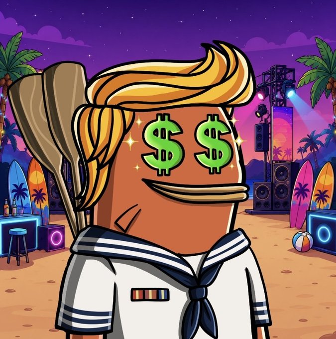 A cartoon illustration of a character with a golden-orange head, dollar signs for eyes, sweeping blonde hair, wearing a sailor-style outfit with a blue neckerchief, set against a tropical beach party background with speakers, surfboards, and a purple night sky.