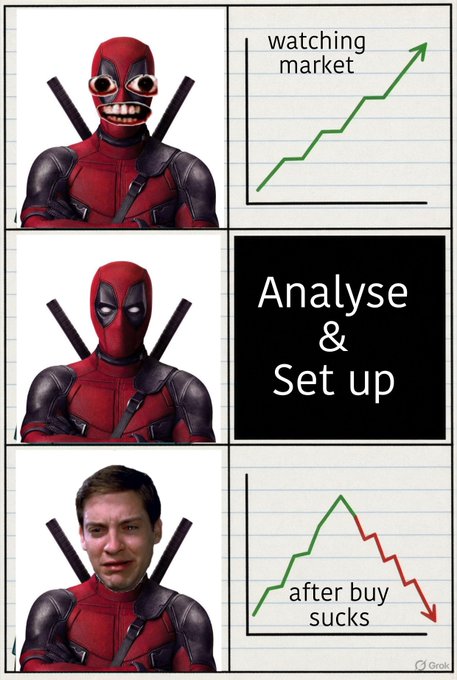 Three-panel Deadpool meme showing 'watching market' (green up arrow), 'Analyse & Set up', and 'after buy sucks' (red down arrow).