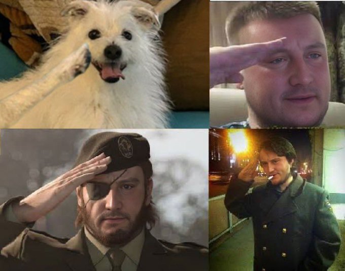 A four-panel meme shows a fluffy white dog and three men (including what appears to be Snake from Metal Gear Solid) all saluting, humorously framing the post as a solemn "goodbye" farewell from the user to Twitter after the "Solana poker thing," with the salute imagery playfully mocking their dramatic exit to focus on gambling on $YEET.