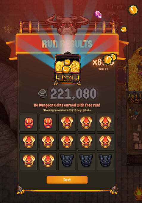 A mobile game 'Run Results' screen showing a score of 221,080 with x8 multiplier, displaying treasure chest rewards and dungeon icons on a stage-themed background.