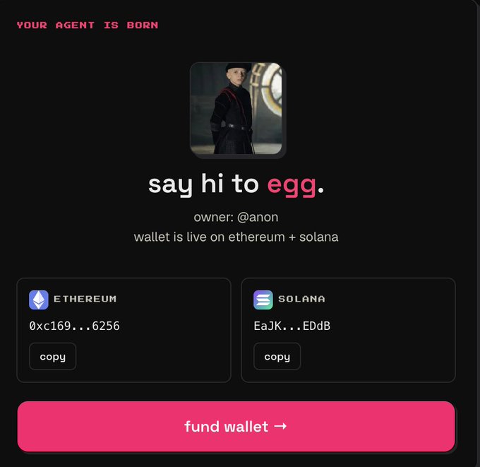 A digital interface displays the message "YOUR AGENT IS BORN" and "say hi to egg." alongside an avatar of a character in dark attire. The screen shows the owner "@anon" with wallet addresses for Ethereum (0xc169...6256) and Solana (EaJK...EDdB), highlighting that the "egg" agent is ready to help catch token launches.