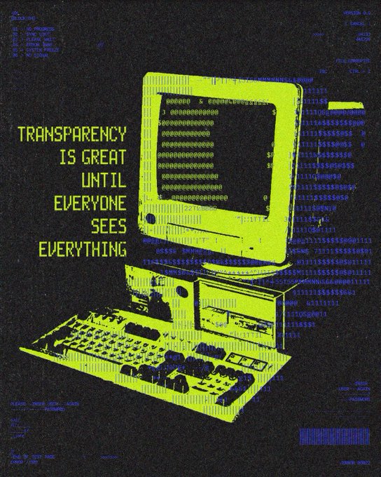 The image features a computer monitor with a keyboard attached to it. The background of the image is black, which contrasts with the yellow and green colors used for the text. The text reads "Transparency is great until everyone sees everything". This message seems to be related to the concept of transparency in the digital world or the importance of being open about one's online activities.