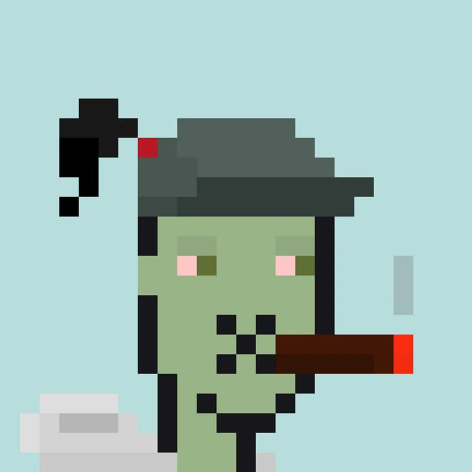 A pixel art portrait of a green zombie-like character wearing a dark hat and smoking a brown cigar, set against a light blue background with a coffee cup in the lower left.