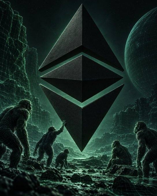 A massive, glowing Ethereum diamond logo hovers ominously above a group of apemen in a wireframe digital landscape, evoking a prehistoric encounter with a futuristic artifact. The image ties to "The Future is Coming on." by symbolizing a monumental leap in evolution—paralleling Ethereum's rise as a transformative force reshaping the digital world.
