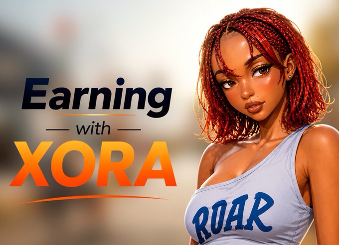 The image features the text "Earning with XORA" and an illustration of a woman, promoting the Xora Finance platform for earning.