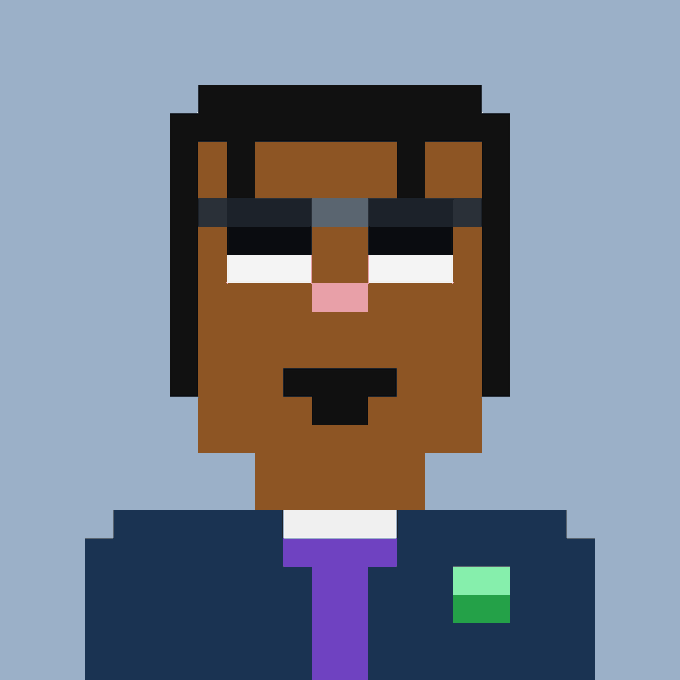 A pixel art style portrait of a character with brown skin, black hair, wearing black sunglasses, a blue suit, and a purple tie against a light blue background.