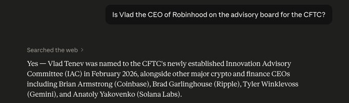 A search result confirming that Robinhood CEO Vlad Tenev was appointed to the CFTC's Innovation Advisory Committee (IAC) in February 2026, alongside other crypto/finance CEOs like Brian Armstrong, Brad Garlinghouse, Tyler Winklevoss, and Anatoly Yakovenko. The image supports the post's claim about Vlad Tenev's role on the CFTC advisory committee, which the post ties to regulatory pathways potentially benefiting $LIT.