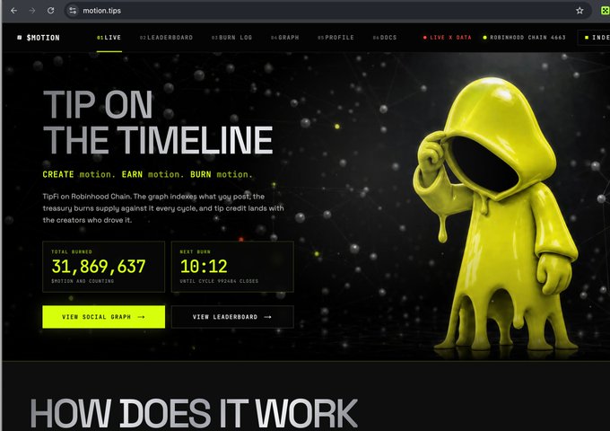 Screenshot of the motion.tips homepage featuring a hooded character mascot with 'TIP ON THE TIMELINE' headline, showing 31,869,637 tips burned and next burn in 10:12.