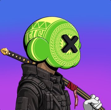 A cartoon illustration of a figure in tactical gear wearing a large green helmet with an 'X' design, carrying a sword on their back against a purple-to-blue gradient background.