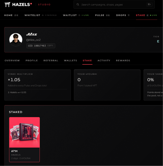 A screenshot of a Hazels Studio profile page for user 'Alex' (@Alex_oo2) shows a 'STAKE' tab displaying a Stake Multiplier of '×1.05', 0 $YOURAI earned, and a staked item '#794'.