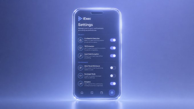 A smartphone displays the iExec Settings interface against a blue background, featuring toggle options for Confidential Execution, TEE Protection, Input Data Encryption, Developer Mode, and Analytics. The user-controlled privacy and security settings visually reinforce the message that advanced technology empowers users with greater control over their data.