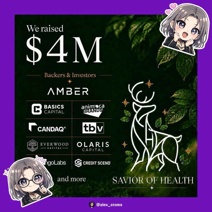 An announcement graphic for Savior of Health showing that they have raised $4M from backers and investors including Amber, Basics Capital, Animoca Brands, Candaq, tbv, Everwood Capital, Olaris Capital, MangoLabs, and Credit Scene. The image uses the imagery of a stylized deer to align with the project's wellness and health themes.