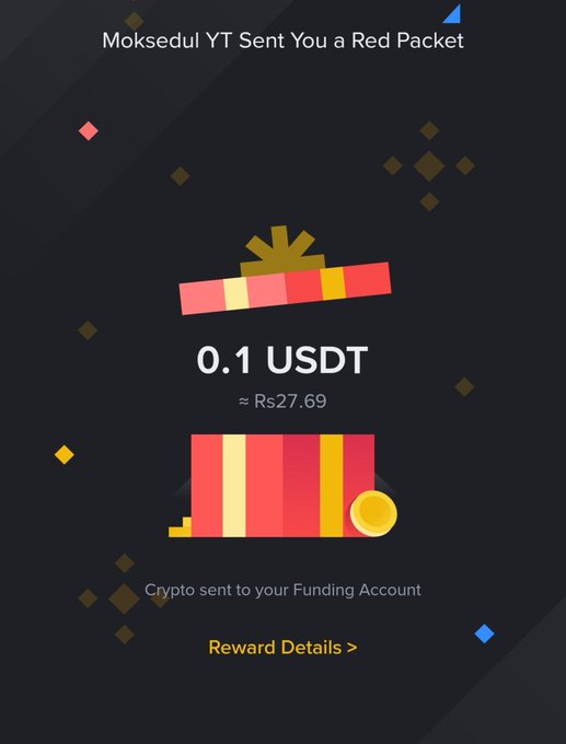 A mobile app screen shows a red packet notification from 'Moksedul YT' containing '0.1 USDT' (approximately Rs27.69) credited to a Funding Account.