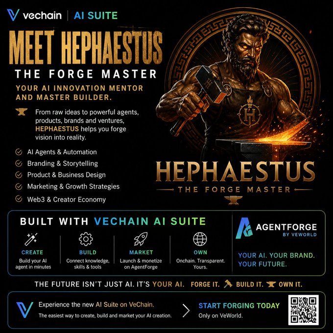 A promotional graphic for 'VeChain AI Suite' featuring 'HEPHAESTUS THE FORGE MASTER,' depicting a muscular blacksmith holding a hammer, with bullet points listing services like AI Agents & Automation, Branding, Product Design, Marketing, and Web3.
