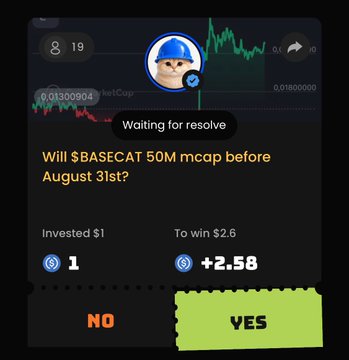A screenshot of a prediction market asking 'Will $BASECAT 50M mcap before August 31st?' with options to invest $1 to win $2.58 on YES or NO.