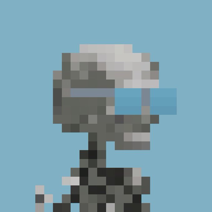 A similar pixelated image showing a figure in a helmet or mask with a blue rectangular visor or eyepiece, rendered in gray and black pixels against a solid blue background.