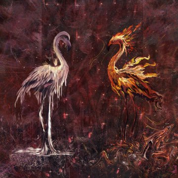 A dramatic artistic illustration depicting two phoenix-like birds facing each other—one white/silver and one fiery red-orange—against a dark, mystical background.