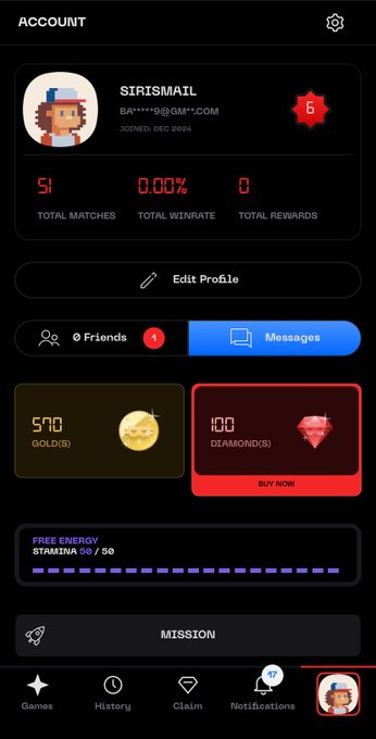 The image shows a NAKA App account profile for user "SIRISMAIL" with 51 total matches, a 0.00% winrate, and a balance of 570 Gold and 100 Diamonds. The post relates to the image by highlighting the 100 Diamond balance shown on the account, while expressing anticipation for upcoming Diamond Arena tournaments from @NakamotoGames.