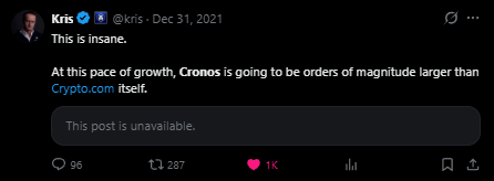 A Twitter post by 'Kris' (@kris) from December 31, 2021, stating 'This is insane. At this pace of growth, Cronos is going to be orders of magnitude larger than Crypto.com itself.' with the quoted tweet showing as unavailable.