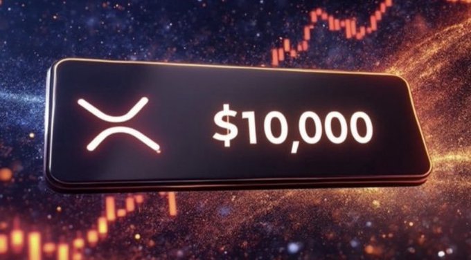 A digital display shows '$10,000' next to the XRP cryptocurrency logo against a starry background with a rising red chart graph.