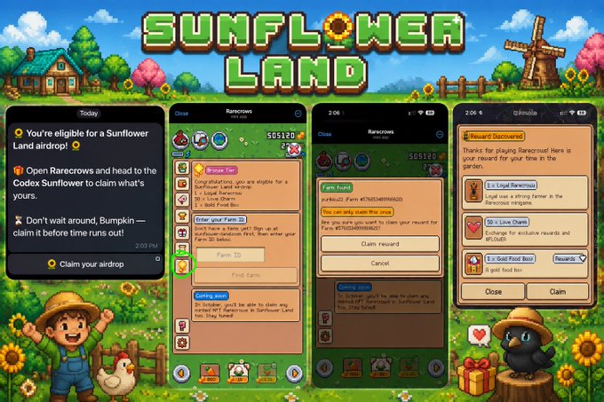 Promotional screenshots for the game 'Sunflower Land' showing mobile app screens of farming gameplay, a Rarecrow Tier 1 reward for eligible players, and instructions to order the airdrop before time runs out.