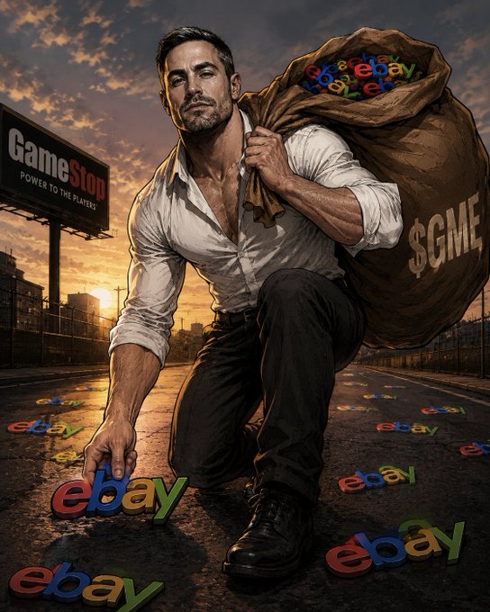 The image features a man standing knee-deep in colorful letters that spell out "ebay". The sign with "ebay" in bold yellow letters is positioned above the man, who is kneeling down next to him while holding a brown bag filled with numerous letters. This scene appears to be part of an art advertisement or promotional material related to eBay.