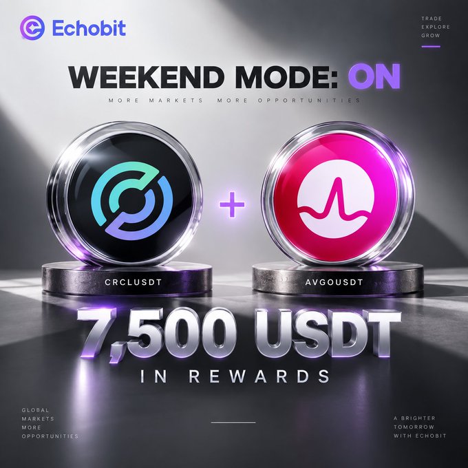 An Echobit advertisement for "WEEKEND MODE: ON — MORE MARKETS MORE OPPORTUNITIES," showcasing trading pairs CRCLUSDT and AVG0USDT with "7,500 USDT IN REWARDS" and the slogan "GLOBAL MARKETS MORE OPPORTUNITIES, A BRIGHTER TOMORROW WITH ECHOBIT."