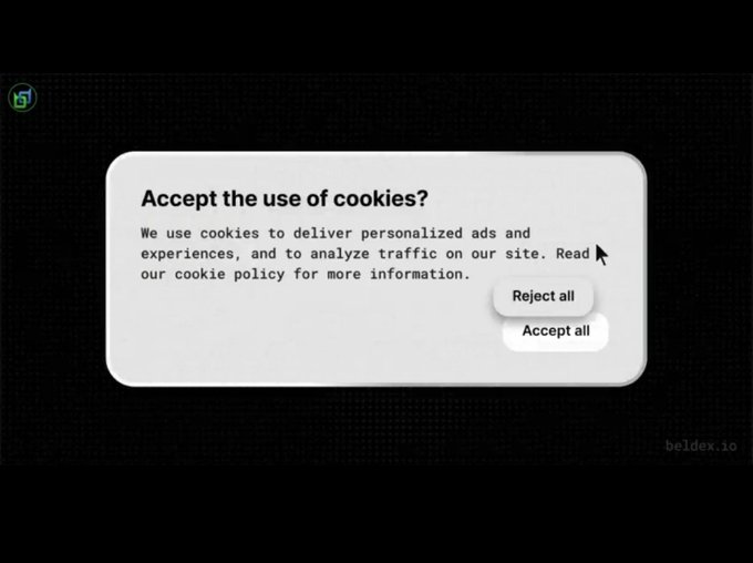 A cookie consent popup on a dark background reading 'Accept the use of cookies? We use cookies to deliver personalized ads and experiences, and to analyze traffic on our site. Read our cookie policy for more information' with 'Reject all' and 'Accept all' buttons, from beldex.io.