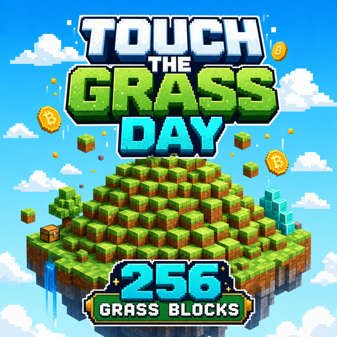 A vibrant pixel-art graphic promoting "TOUCH THE GRASS DAY," featuring a Minecraft-style floating island made of 256 grass blocks alongside Bitcoin coins and clouds, directly illustrating the airdrop of 256 grass blocks to every existing player.