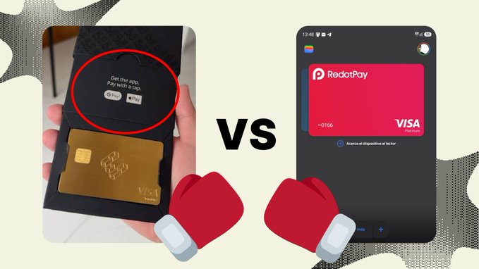 A comparison graphic contrasting a physical gold Visa card in a black 'Revolut' sleeve with a digital RedotPay Visa card displayed on a phone screen, with 'VS' and boxing glove emojis in the center.