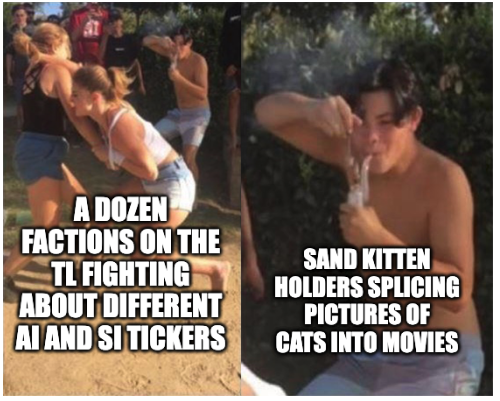 A two-panel meme: the left shows people fighting with text 'A DOZEN FACTIONS ON THE TL FIGHTING ABOUT DIFFERENT AI AND SI TICKERS', and the right shows a man splashing water on himself with text 'SAND KITTEN HOLDERS SPLICING PICTURES OF CATS INTO MOVIES'.