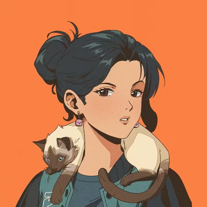 An illustrated portrait of a young woman with dark hair in a bun and a Siamese cat draped around her neck, set against an orange background.