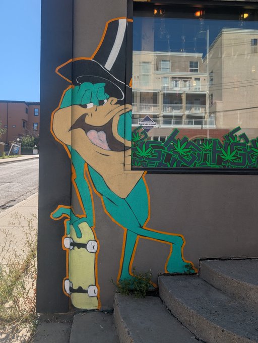 A graffiti mural of a cartoon toad wearing a top hat and holding a skateboard adorns the side of a building, accompanied by "Shoppers" signage and green cannabis leaf designs on the adjacent window. The toad character fits the post's theme of playfully blurring the line between frogs and toads, embracing the confusion the original poster jokes about.