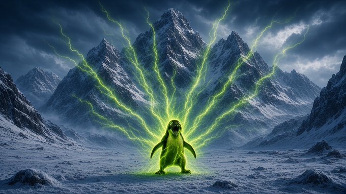A fantastical digital artwork depicts a green penguin-like creature radiating bright green energy bolts amid a dramatic mountainous, snowy landscape under stormy skies.