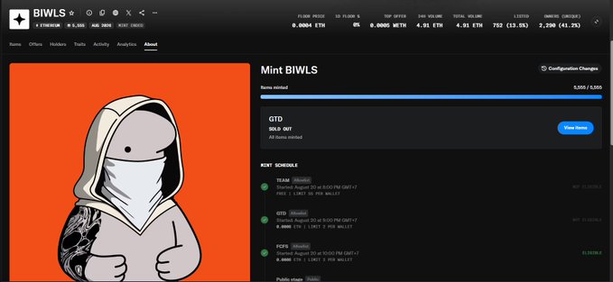 The image shows the "Mint BIWLS" page on the BIWLS website, displaying 5,000 mints out of 5,000 total available, with an orange cartoon character illustration on the left and sections for GTD and FCFS mint schedules with "View more" and "Stake" buttons visible. This relates to the post by showing the minting interface where users can participate in the BIWLS mint process, highlighting the GTD (Guaranteed) and FCFS (First Come, First Served) mint options that the poster is questioning.