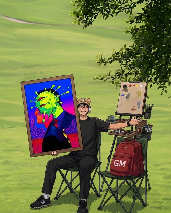 An anime-style illustration shows a person wearing a bear hat sitting on a camping chair in a grassy field, holding a vibrant neon painting of a figure while a palette, brushes, and a red 'GM' backpack rest on a second chair.