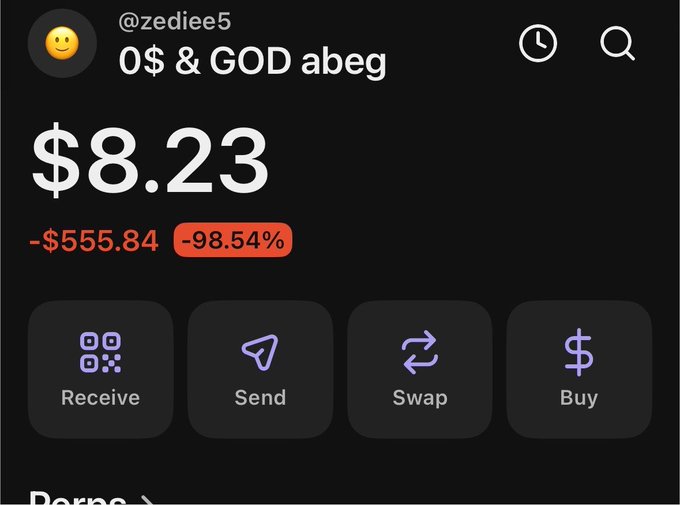 A crypto wallet screenshot showing the username "@zediee5" with a balance of $8.23 and a loss of -$555.84 (-98.54%), illustrating the steep financial losses behind the poster's declaration "i will never trade meme coins again."