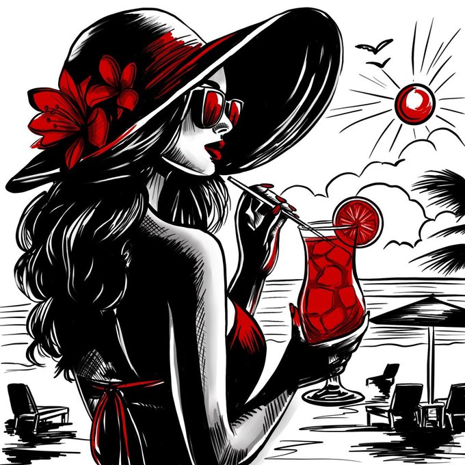 A stylized black, white, and red illustration of a woman in a wide-brimmed hat and sunglasses sipping a cocktail with a lemon slice on a beach.